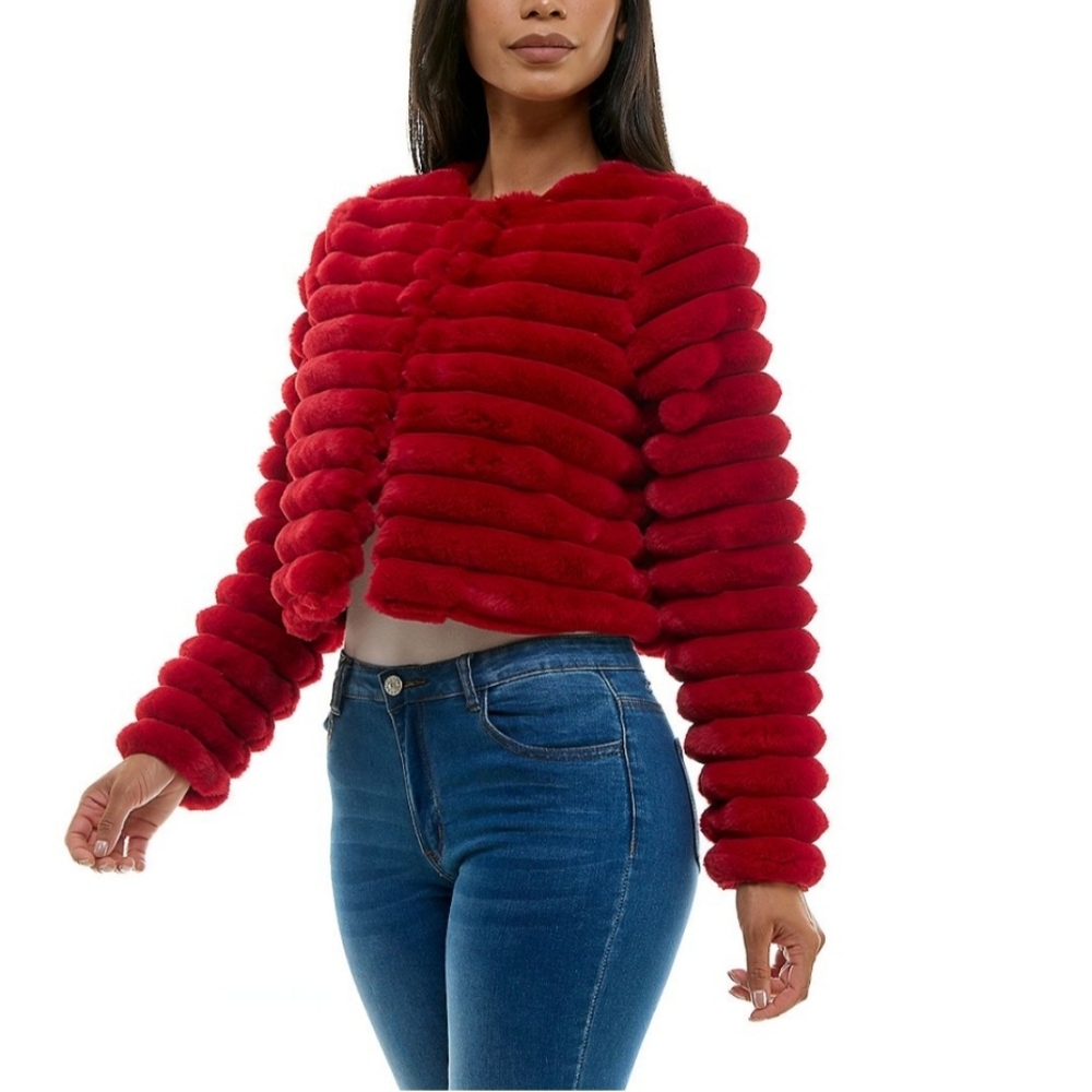 Nina Leonard Long Sleeve Faux Faur Bolero, Plus Size, 1X Red